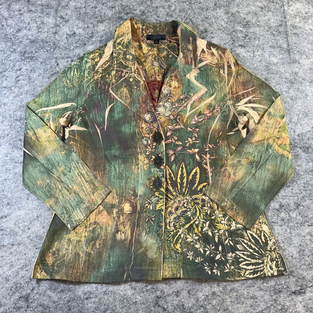 B.L.E.U. Jacket Women's XL Multicolor Embellished Button Up Velvet Feel Artsy